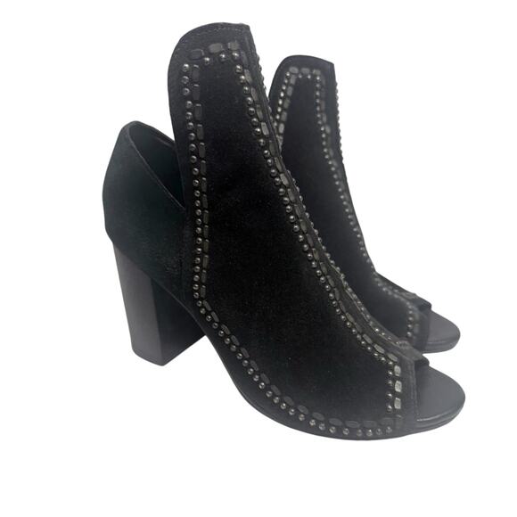 Calleen Cordero Booties Black Suede Studded Peep Toe Heels Women’s Size 7.5 EUC - Picture 1 of 11